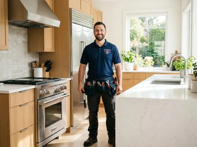 Appliance Repair Hero technician in a Berkley, MA kitchen after an appliance repair