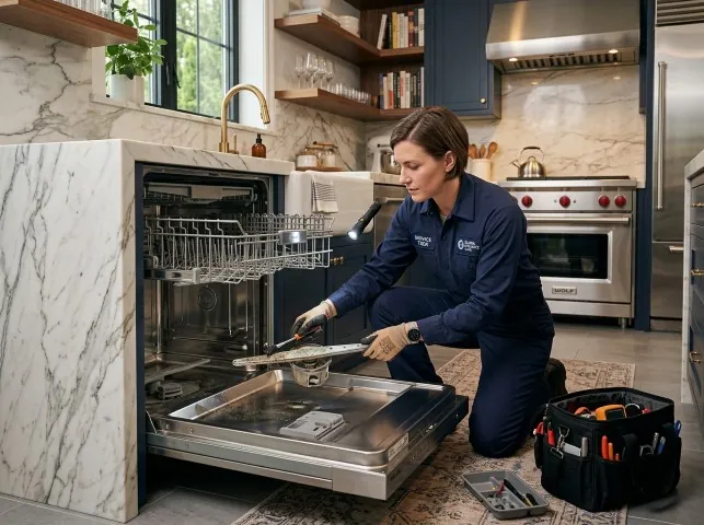 Appliance Repair Hero technician servicing a built-in dishwasher in a Berkley, MA kitchen