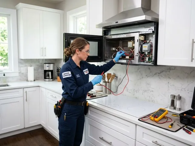 Appliance Repair Hero technician testing an over-the-range microwave in a Berkley, MA kitchen